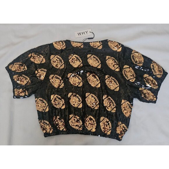 WHY DRESS Black Gold Sequin Football-Shaped Embellished Crop Top Size Small, NWT - Picture 3 of 8